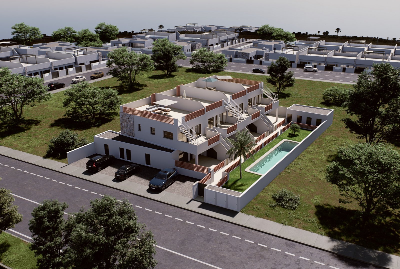Moderne Bungalows mit Pool und Garten, 4 km vom Meer entfernt, Pilar de la Horadada Moderne Bungalows mit Pool und Garten, 4 km vom Meer entfernt, Pilar de la Horadada